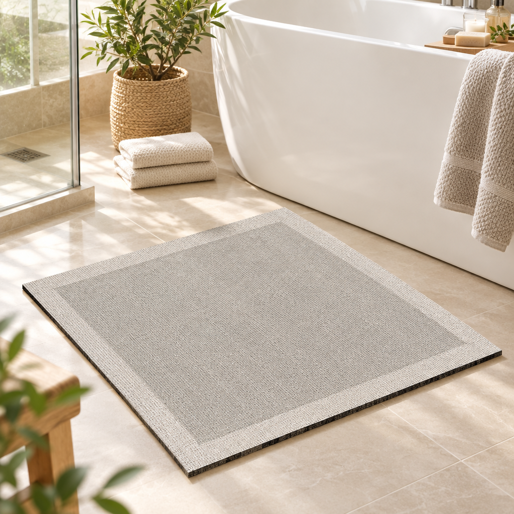 Super absorbent bath mat on a bathroom floor