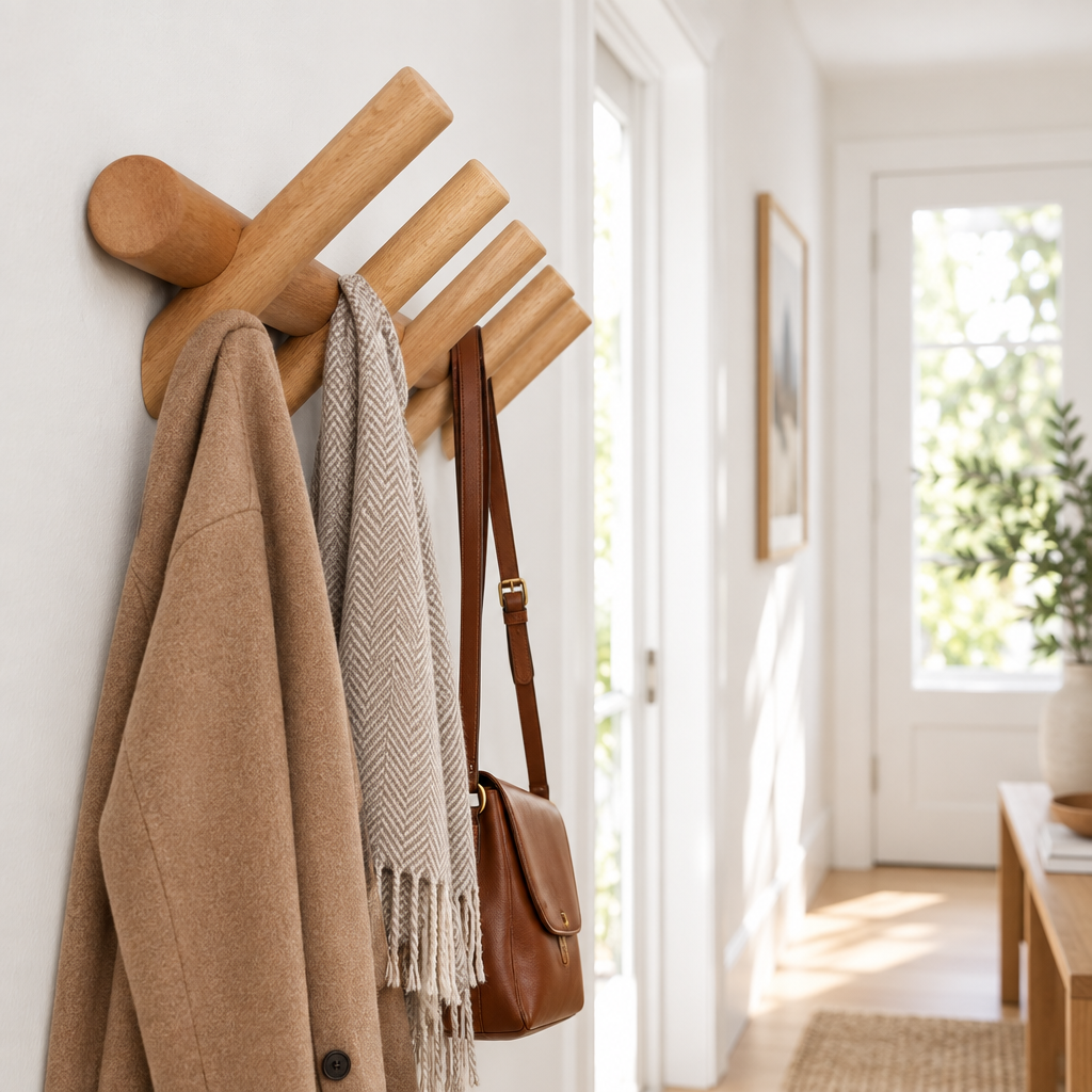 Maeve solid oak wall rack in a hallway