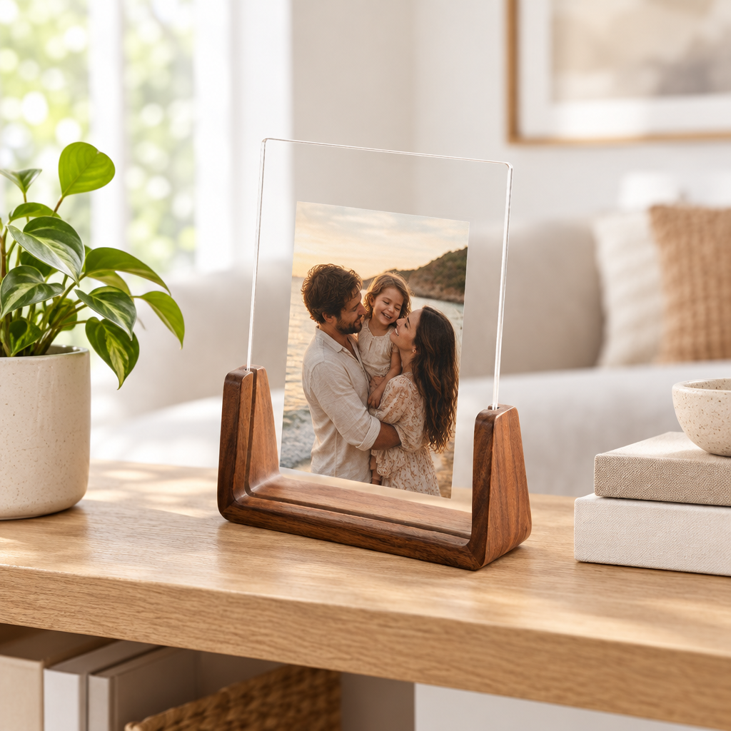 U-shaped acrylic and wood photo frame on a shelf