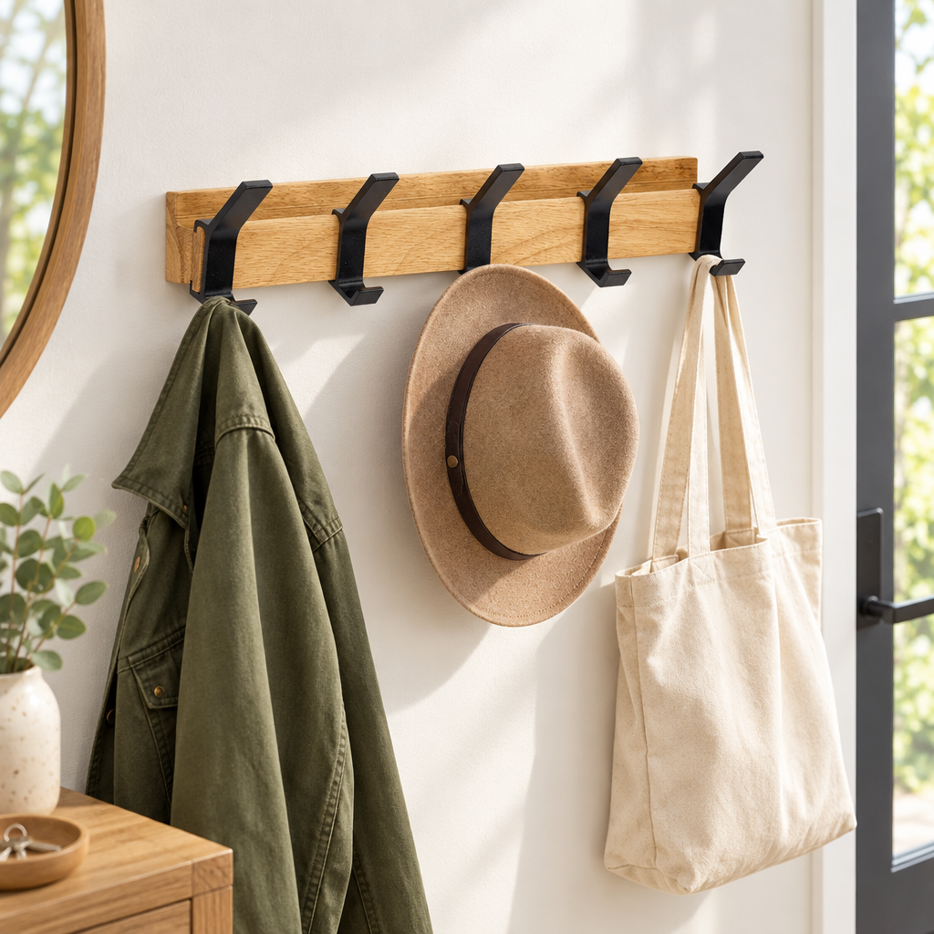 Nordic wall-mounted coat rack in a bright entryway