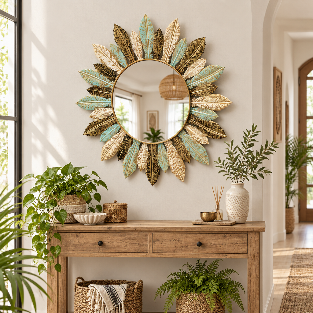 Bohemian sunburst wall mirror above a console table
