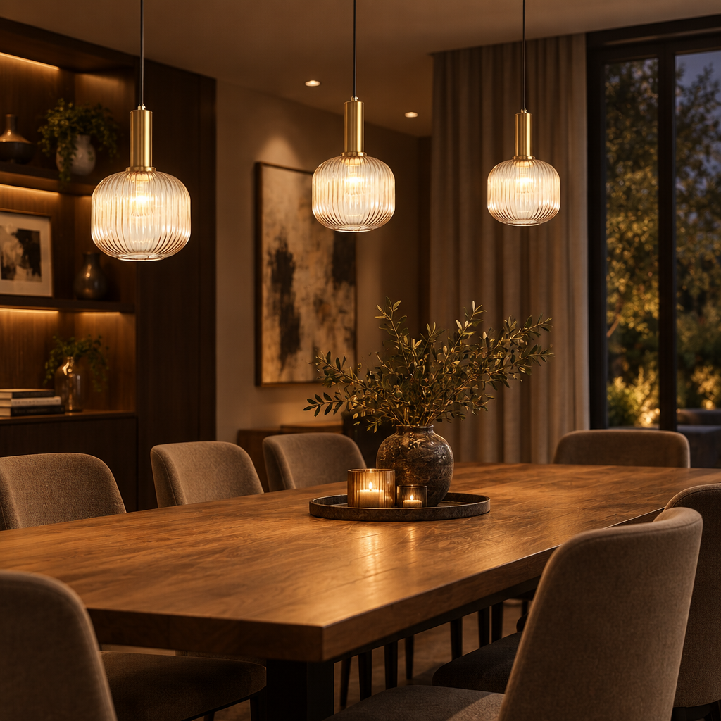Striped glass and brass pendant light over a dining table