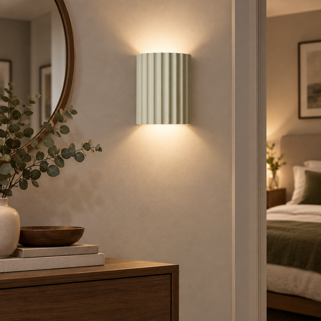 Nordic resin wall lamp glowing in a hallway
