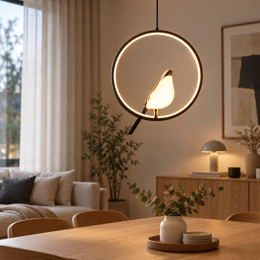 Magpie bird pendant light in a Nordic room