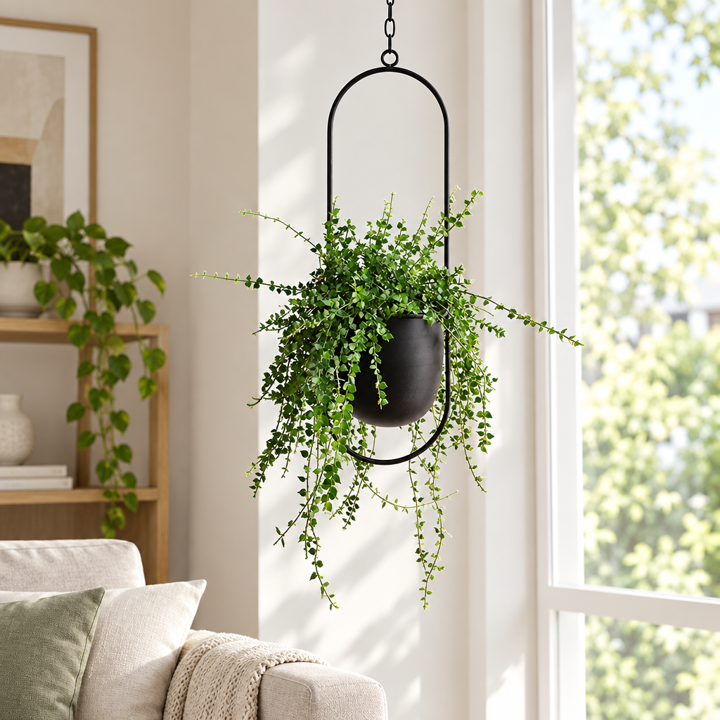 FloraFrame iron hanging planter with trailing plants by a window