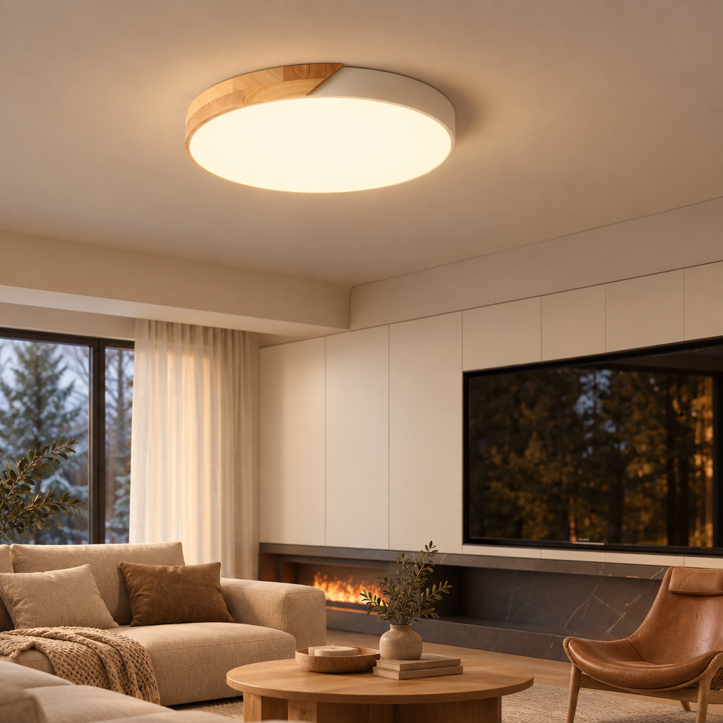 Nordic wooden LED ceiling light in a cozy living room