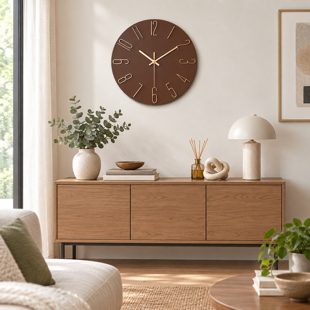 Noble minimalist gold wall clock in a living room