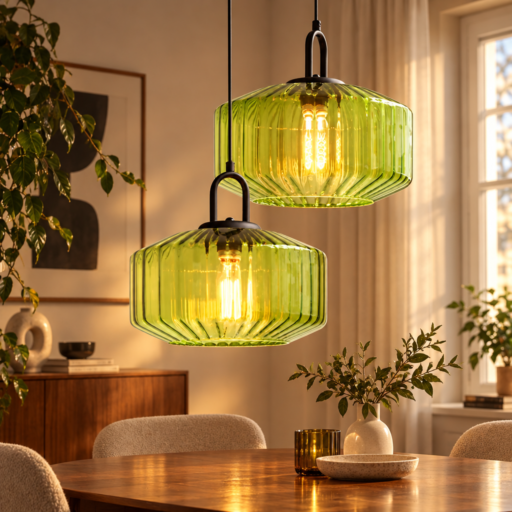 Mireta retro coloured glass pendant light over a dining table