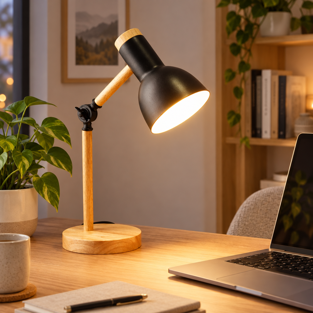 Nordic wooden LED desk lamp on a home office desk