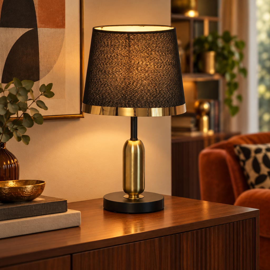 Vintage black and gold table lamp on a sideboard