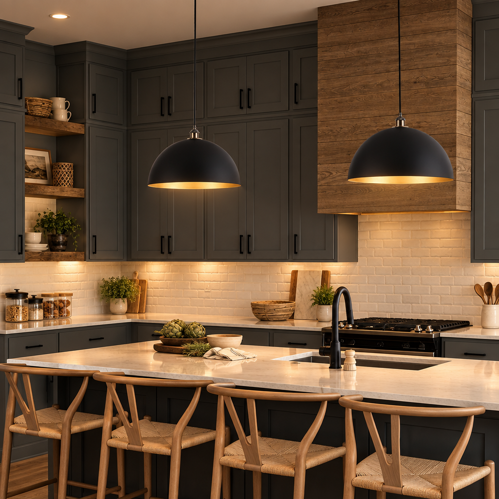 Vintage industrial dome pendant light over a kitchen island