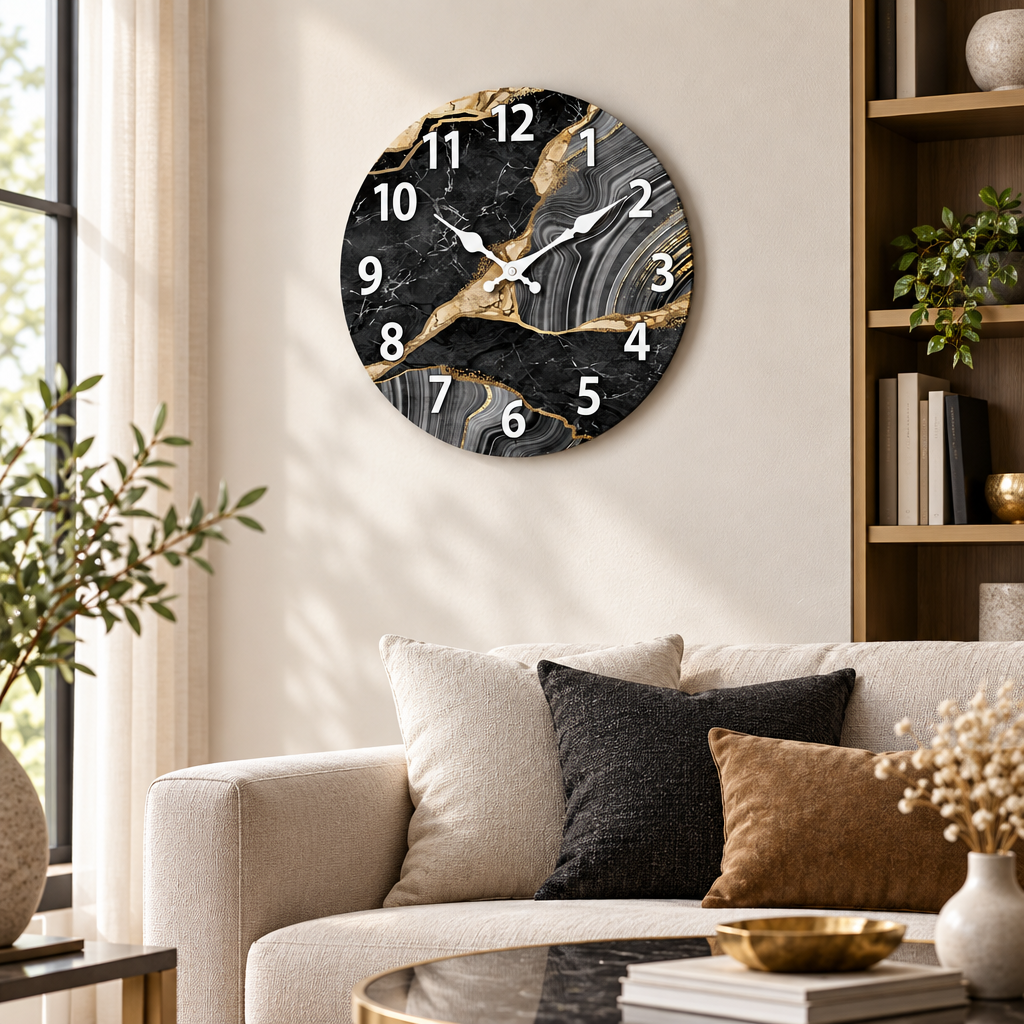 MarbellaTime round wooden wall clock in an elegant living room