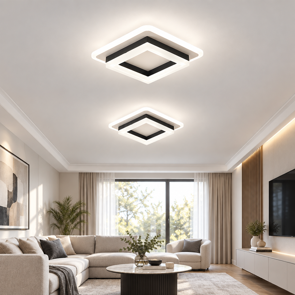 Square LED flush mount ceiling light in a living room