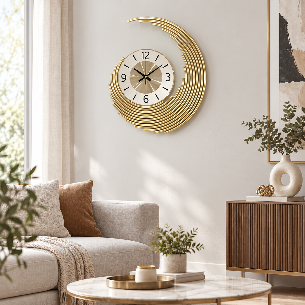 Modern 3D metal wall clock in a living room