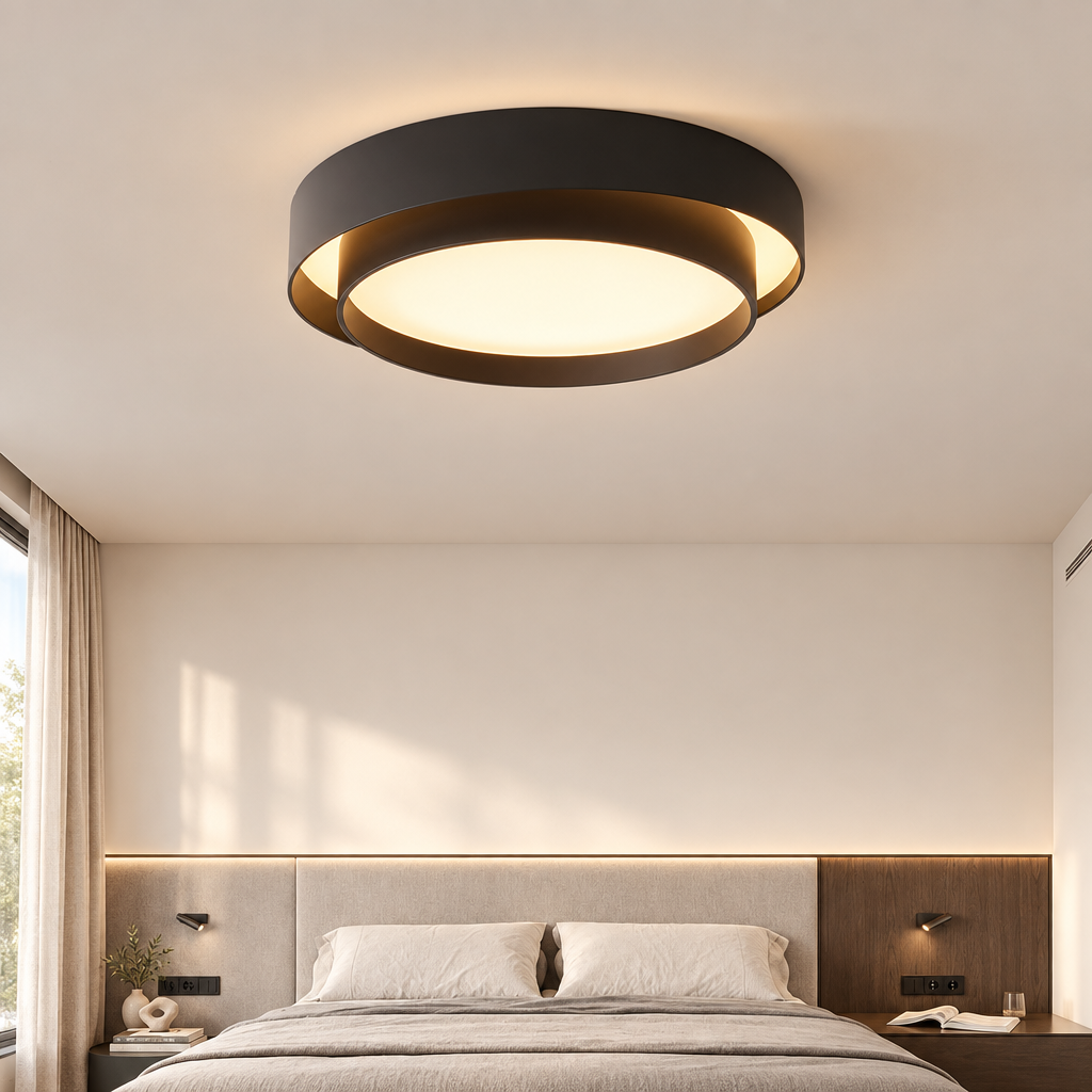 Nordic round LED ceiling light in a minimalist bedroom
