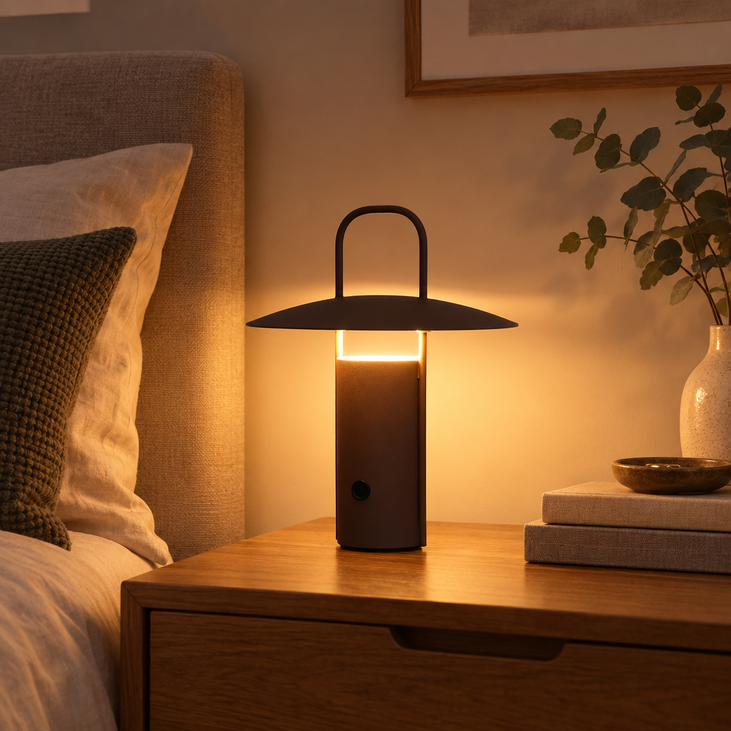 Wireless LED touch lamp on a bedside table