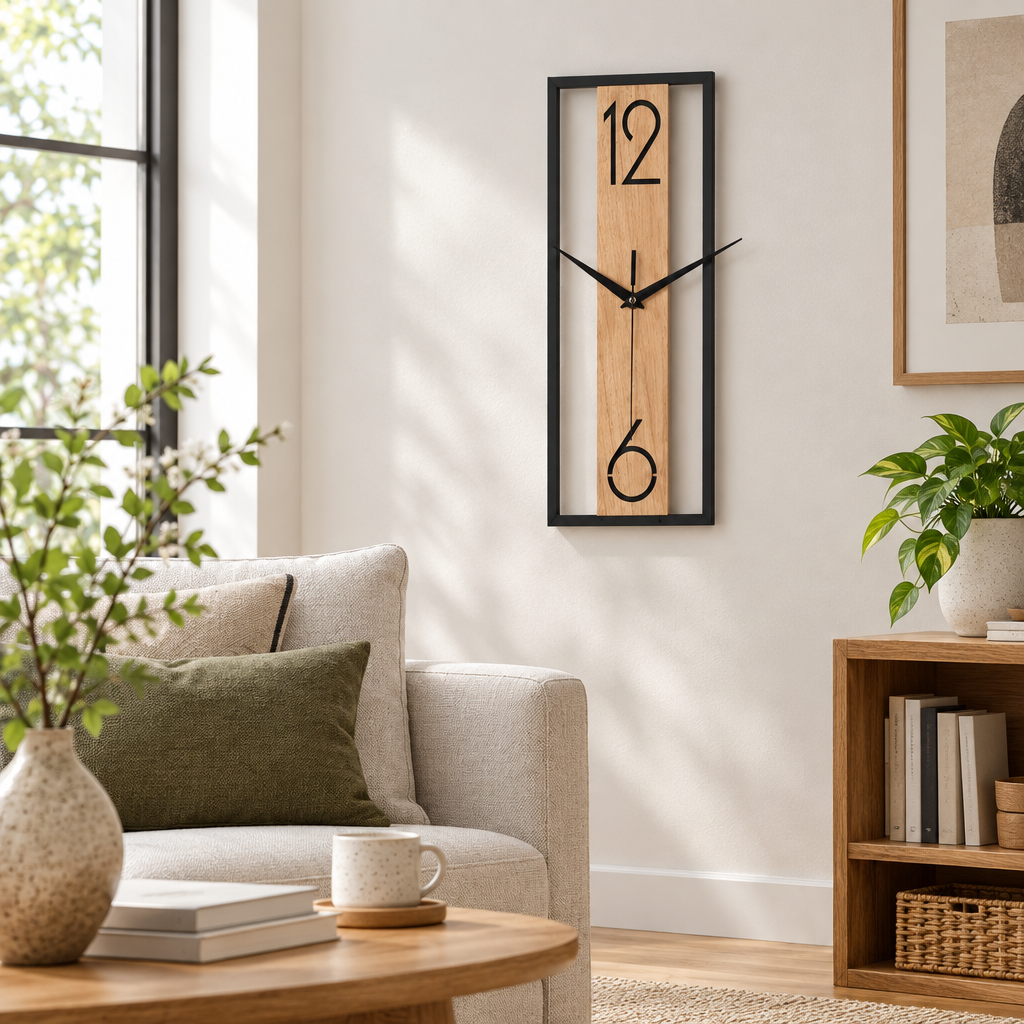 Slim rectangular wood grain wall clock in a living room