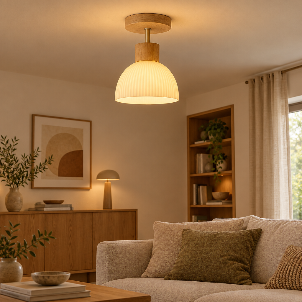 Ailse natural wood and glass ceiling lamp in a living room