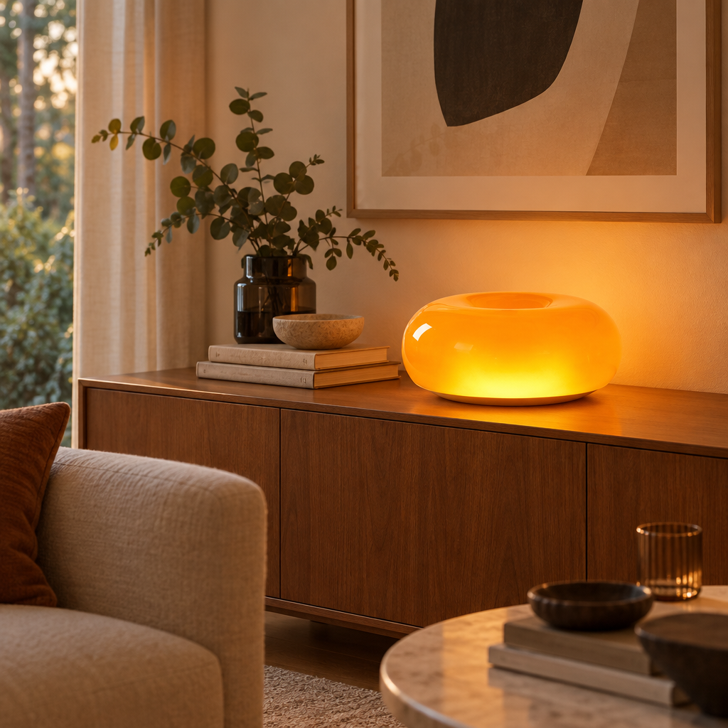 Bauhaus donut lamp in a modern living room