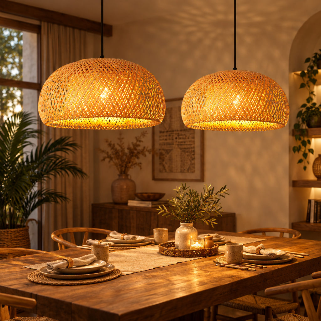 Natural bamboo rattan pendant lamp over a dining table