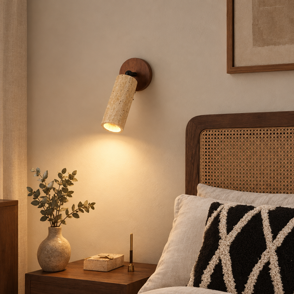 Huangdong travertine and wood wall lamp in a bedroom