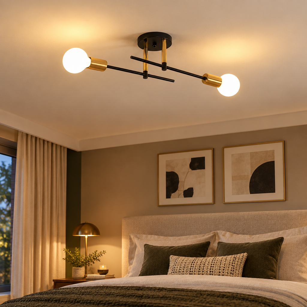 Black and gold 2-light flush mount ceiling lamp in a bedroom