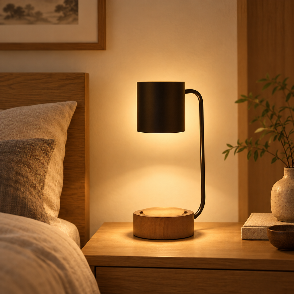 Japanese minimalist wood and metal table lamp on a bedside table