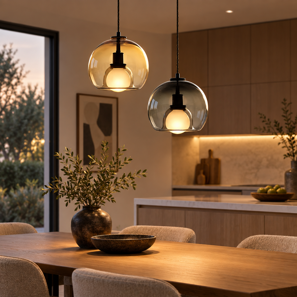 Clyde handblown glass pendant light over a kitchen island