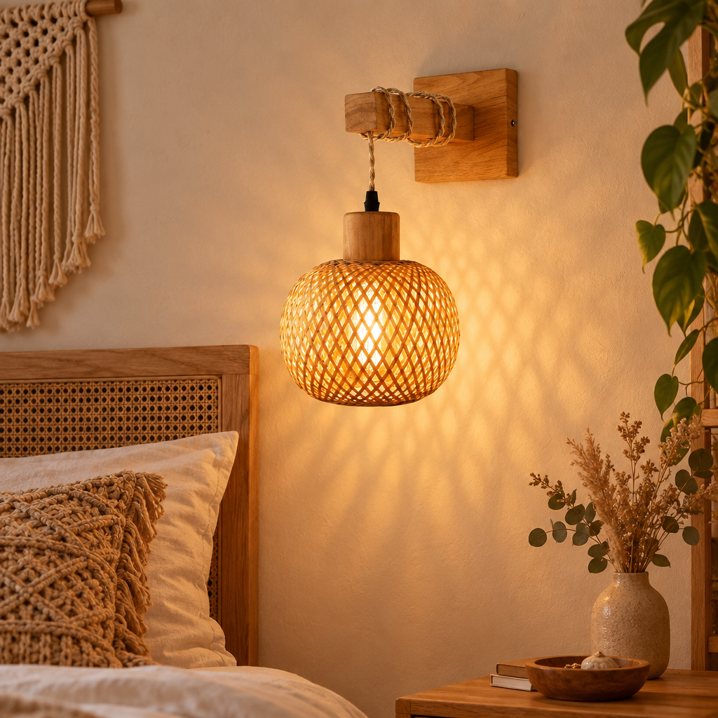 Rustic wooden rattan wall sconce in a boho bedroom
