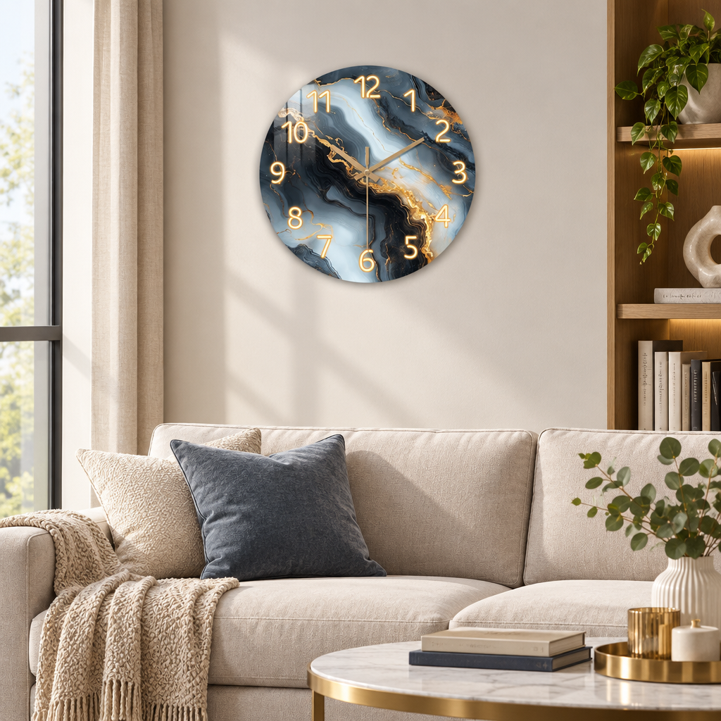 Blue and gold marble wall clock in a living room
