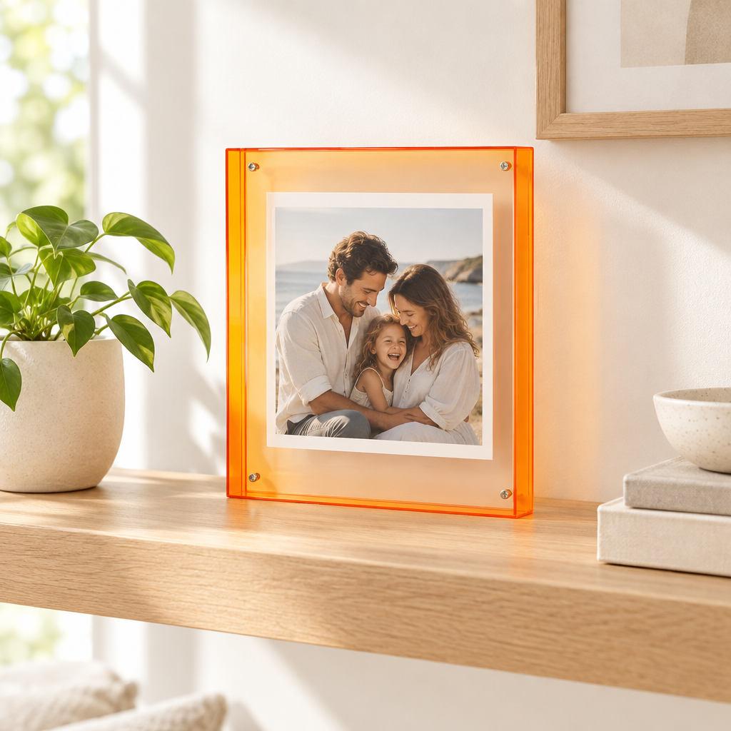 Acrylic photo frame displaying a family photo on a shelf