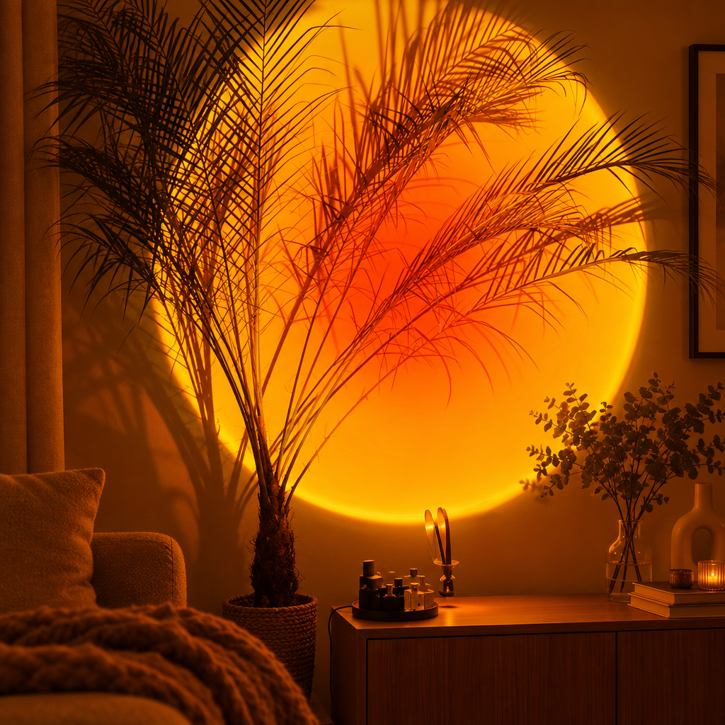 Sunset projection lamp casting an orange glow on a wall