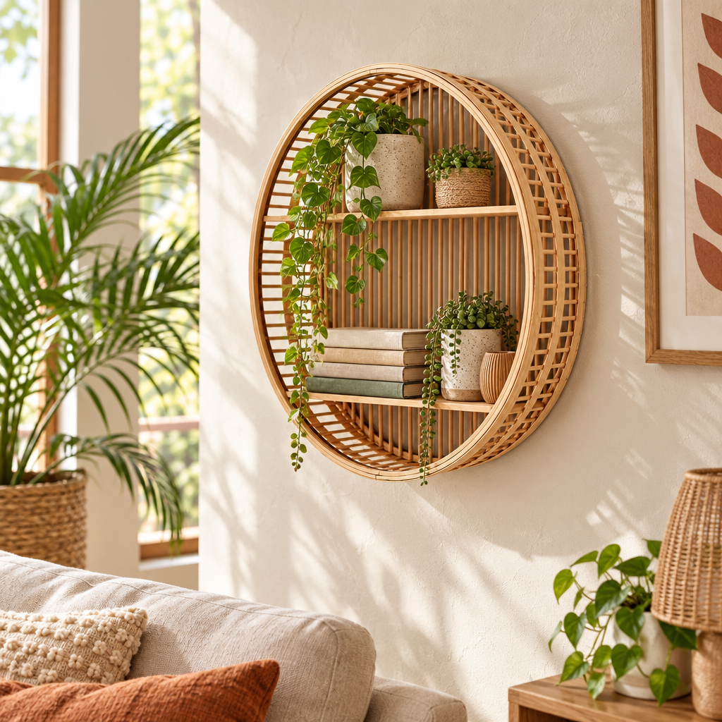 Round bamboo wall shelf holding plants and books