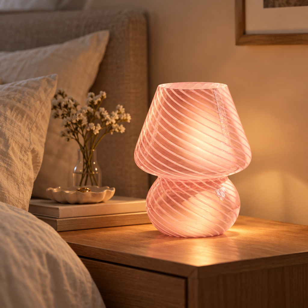Murano-style glass mushroom lamp on a bedside table