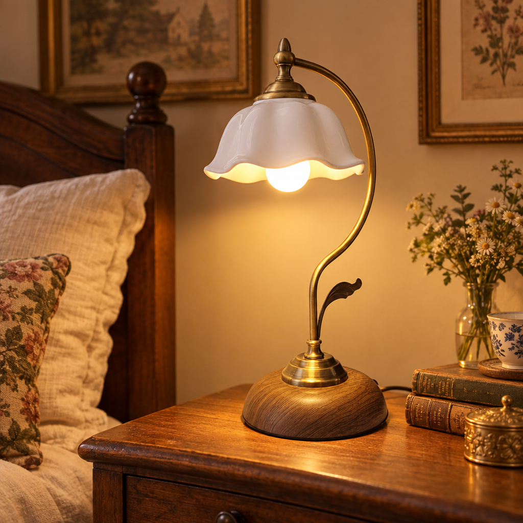 Vintage goose neck brass table lamp on a bedside table