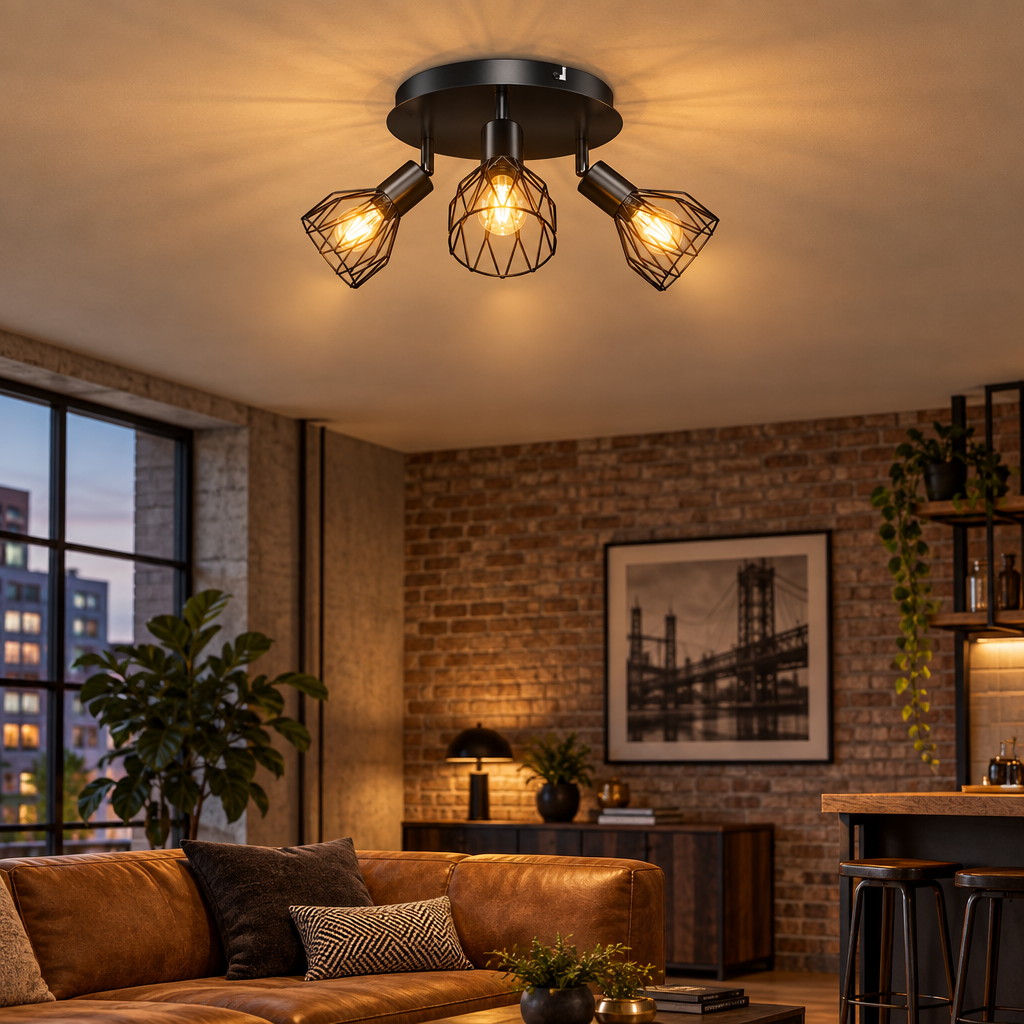 Industrial adjustable black spotlight ceiling light in a kitchen