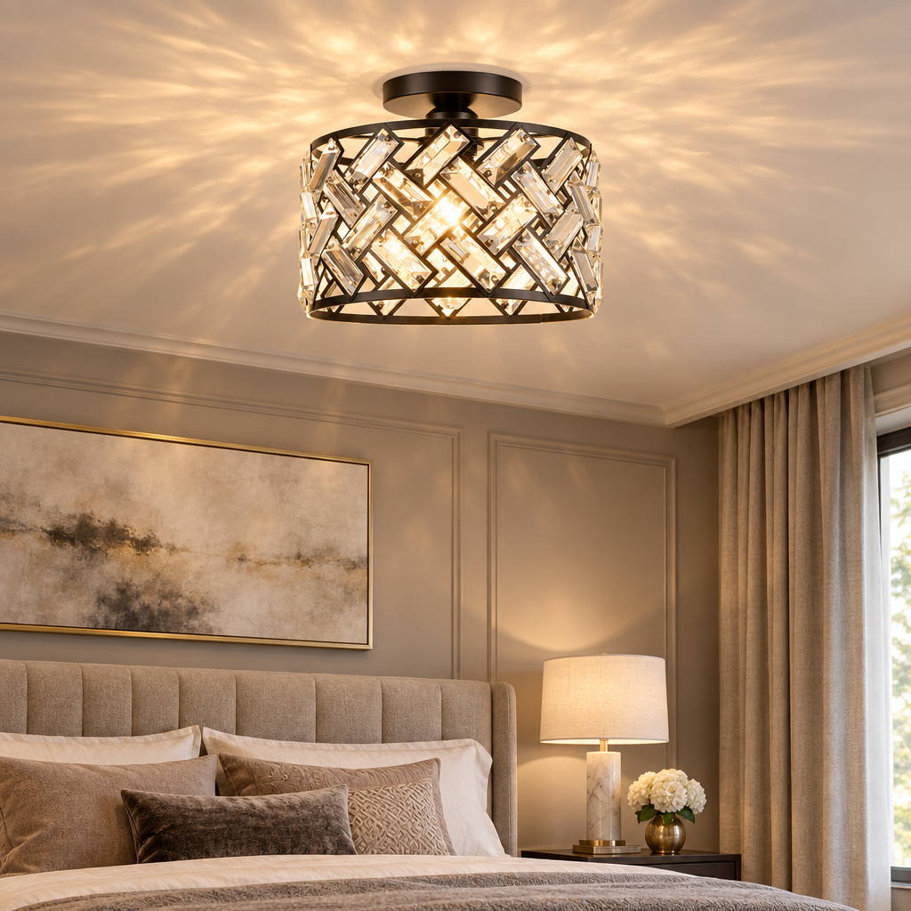 Modern crystal semi flush mount ceiling light in a bedroom
