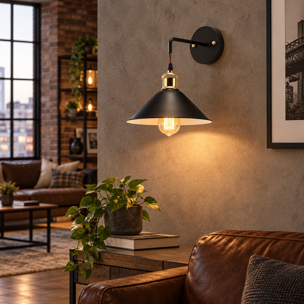 Industrial oil-rubbed metal wall sconce in a living room