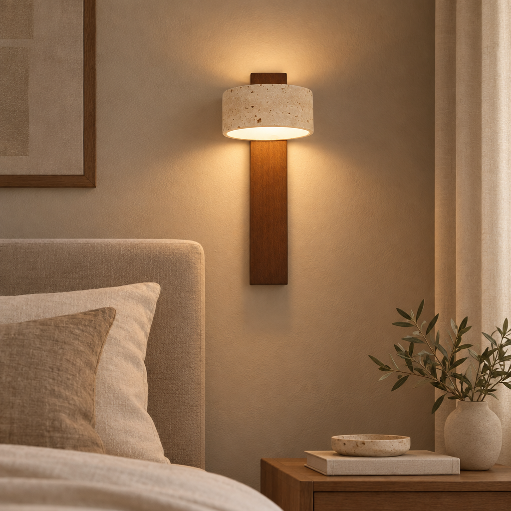 Travertine stone and wood wall lamp in a bedroom