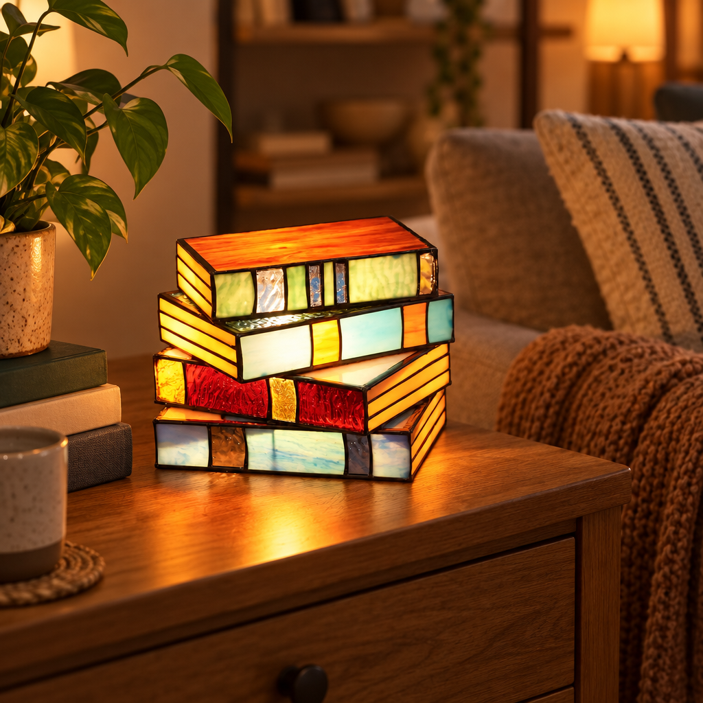 GlassNovel Stained Glass Book Lamp glowing warmly on a wooden bedside table in a cozy living room