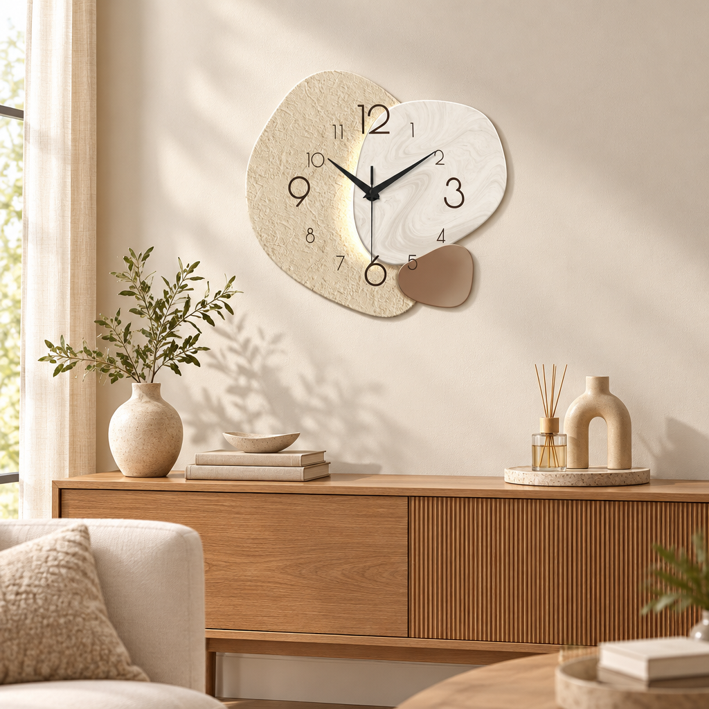 TempoStone modern wall clock hanging in a minimalist living room above a console table
