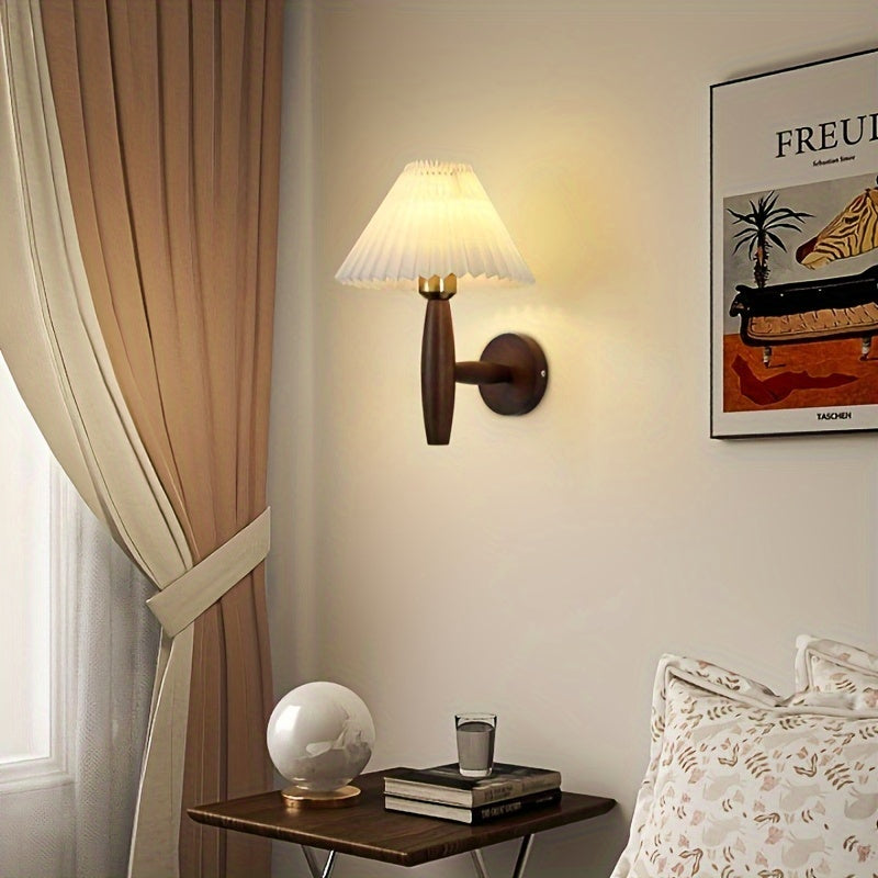 Nordic Wooden Wall Sconce with Pleated Shade