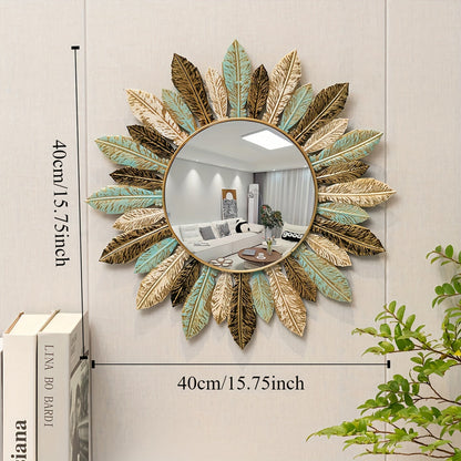 Teal and Gold Leaf Sunburst Wall Mirror