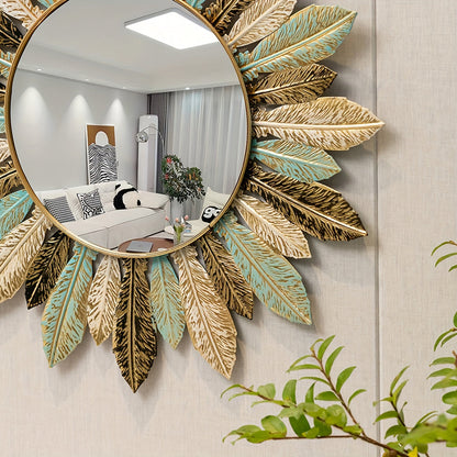 Teal and Gold Leaf Sunburst Wall Mirror