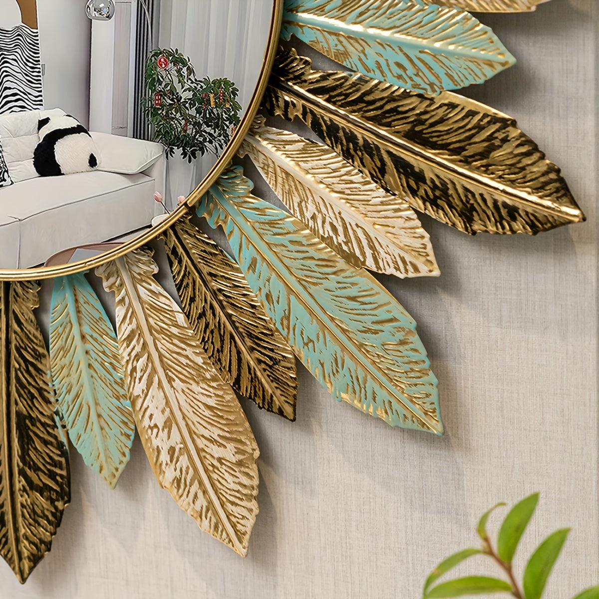 Teal and Gold Leaf Sunburst Wall Mirror
