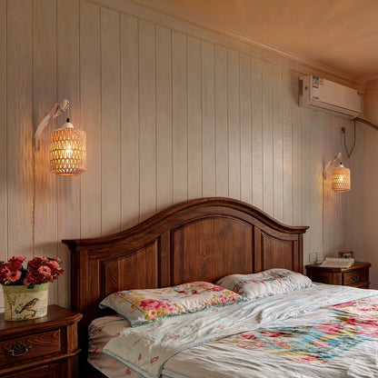Boho Wood and Rattan Plug-In Wall Lamp