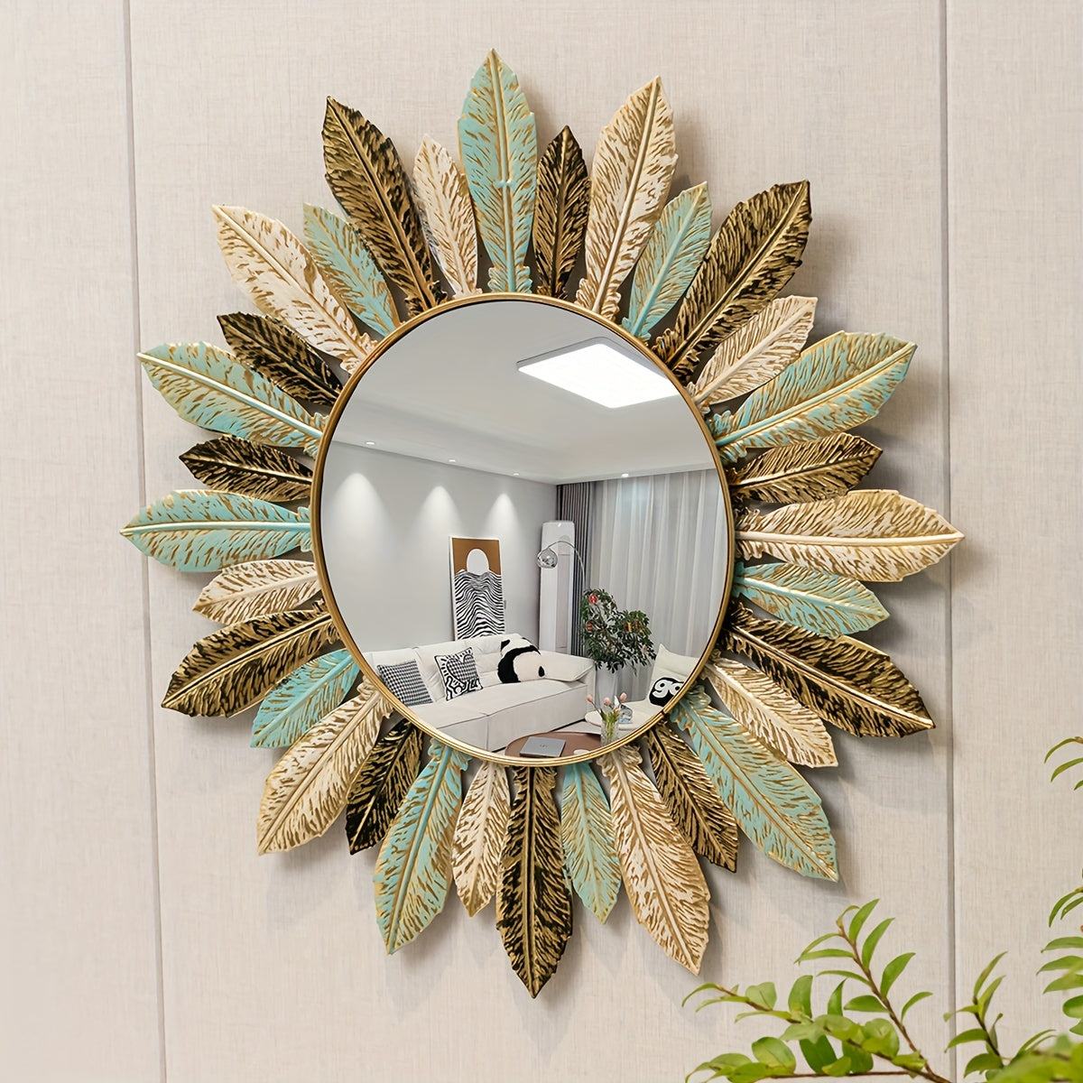 Teal and Gold Leaf Sunburst Wall Mirror