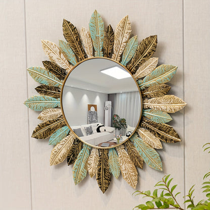 Teal and Gold Leaf Sunburst Wall Mirror