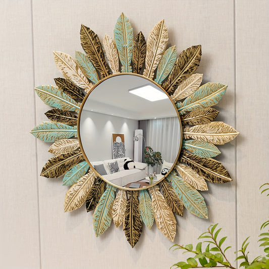 Teal and Gold Leaf Sunburst Wall Mirror