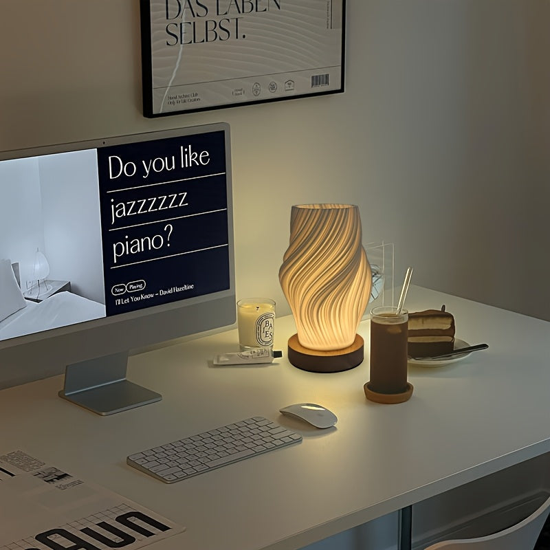 Modern Swirl LED Table Lamp with Wood Base
